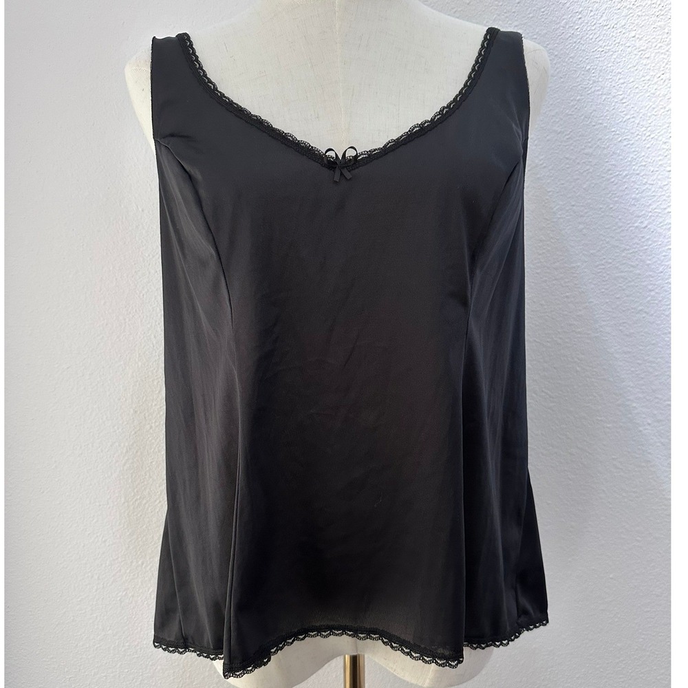 Vassarette Satin Cami Top XL‎ Black Lace Trim Bow Accent Y2K Coquette Whimsigoth